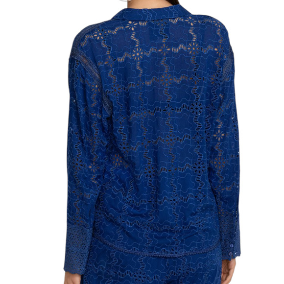 Johnny Was Jade Marina Joy Rayon Shirt Blue Eyelet Button Down Long Sleeve - Picture 2 of 9